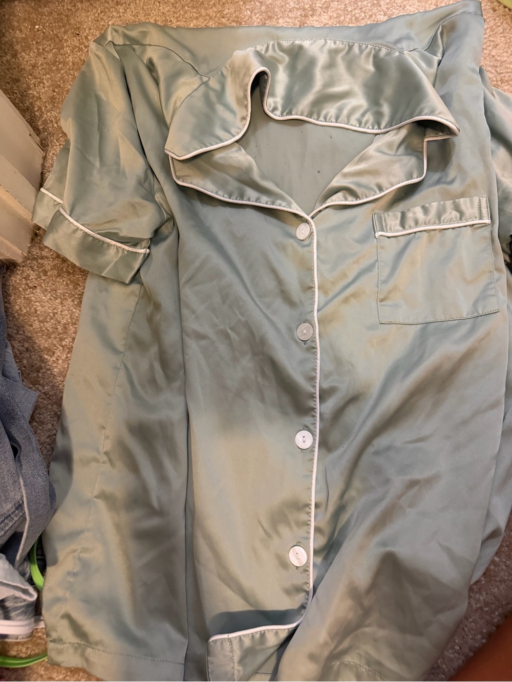 Delicacy Sage Green Satin Pajama Top with White Piping